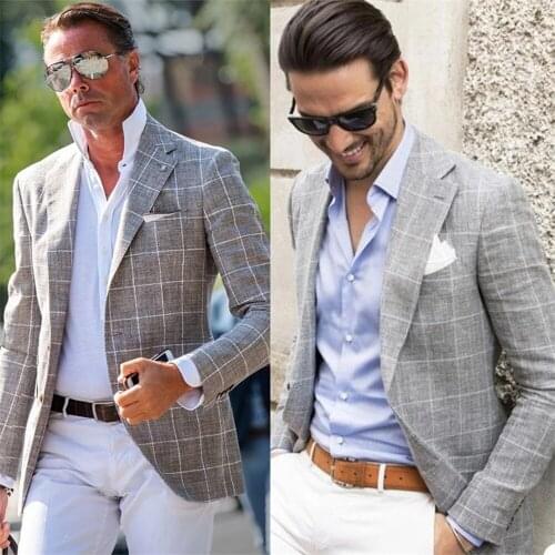 2021 Handsome Grey Plaid Mens Suit Notched Lapel Two-Button British Leisure Cotton Blend Mens Coat Fit Slim Jacket Custom Made