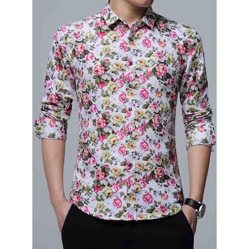 The Night Stadium of Personality Stylist Men Retro Design Casual Roses Flowers Print Long Sleeves Slim Fit Sleeve Floral Shirt