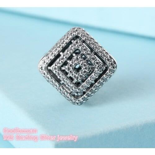 Autumn Original 925 Sterling Silver Geometric Lines Charm, Clear CZ Beads Fit Pandora Charms Bracelet Diy Jewelry Making