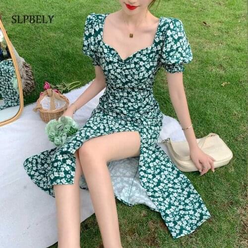 SLPBELY Retro Floral Split Midi Dress For Women Summer French Puff Sleeve Green Dress Vintage Holiday Dress Vestido Sundress