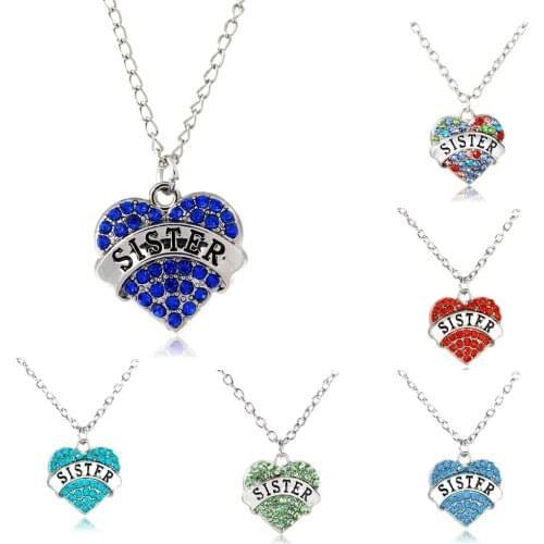 Blue Red Pink Crystal Heart Pendant Charm Chain Necklace Family Sis Sister Necklaces Women Girl Friends Gifts Friendship Jewelry