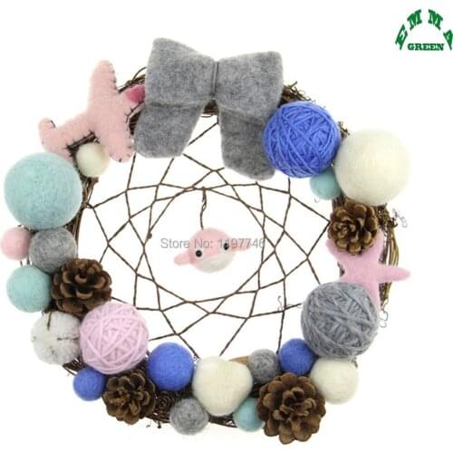 Dreamcatcher Christmas Wreath Wishing Garland Wool Felt Doll Cute Dolphin Handmade Pom Pom Girl Room Decor big Dia 25cm