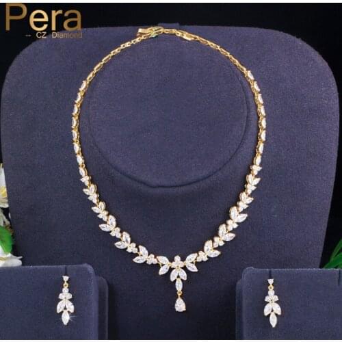 Pera Gorgeous Leaf Shape African Cubic Zirconia Luxury Yellow Gold Wedding Bridal Necklace Earrings Jewelry Set for Women J363