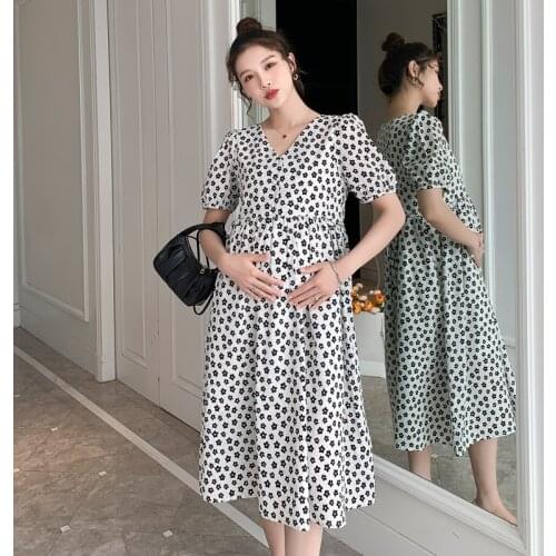 Polka Dot Printed Chiffon Maternity Long Dress Summer Fashion A Line Loose Clothes for Pregnant Women Elegant Pregnancy