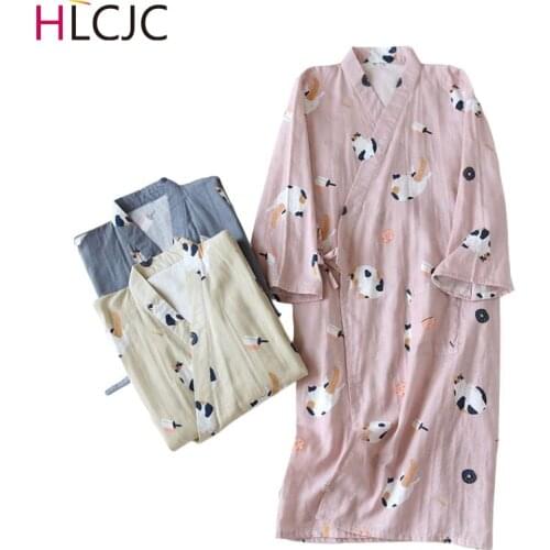 Cute Cats Print Women Bathrobe Men Thin Cauze Cotton Bath Robes Long Plus Size Lovers Couples Night Dressing Gown Men Nightgown