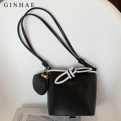 Cute 2Pcs Bow Soft Leather Handbags Women Fashion Panelled Shoulder Bag Elegant Vintage Solid Bucket Bag Casual Tote Bag Female