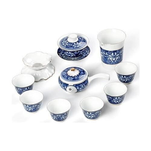 Blue and white porcelain Kung Fu tea sets ceramic Japanese home simple teapot cups gift box high white jade porcelain