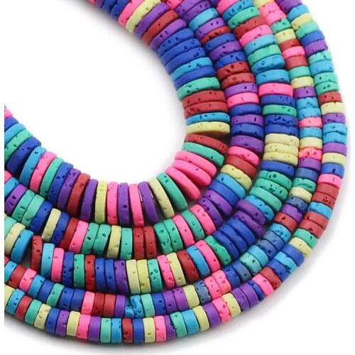 Mixedcolor Natural Volcanic Lava Stone Flat Round Spacers Loose Beads For Jewelry Making DIY Bracelet Accessories 15" 4/6/8MM