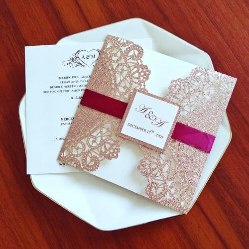 50x Pink Gold Wedding Invitation with Burgundy Ribbon and Glitter Tag Personalized Print DIY Cards For Bridal Shower Party Favor