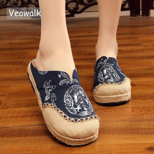 Veowalk Thai Totem Embroidered Women Black Linen Cotton Slippers Ladies Flat Slides Summer Canvas Sandal Shoes Plus Size 35-44