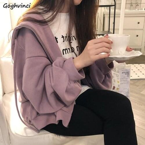 Sweatshirts Women with Hat Hoodies Zipper Solid Sweet Girls Fashion Outwear Leisure Loose Retro All-match Female Chic Daily New
