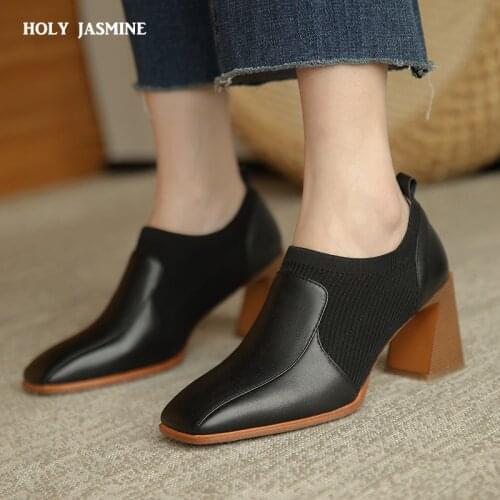 2021 New Fashion Comfortable Genuine Leather Womens Ankle Boots Elegant Square Toe Thick Heels Pumps Party Casual Shoes Woman