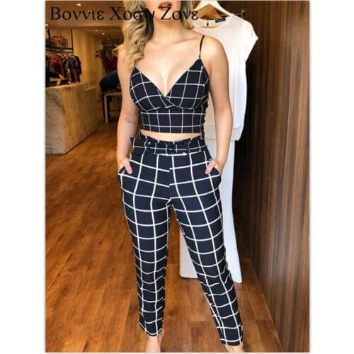 Women Sleeveless V Neck Grid Wrapped Cami Top & High Waist Pants Set