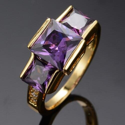 Elegant Female Purple Crystal Stone Ring Big Charm Gold Color Thin Wedding Rings For Women Luxury Square Zircon Engagement Ring