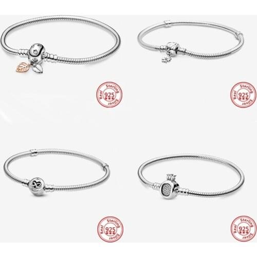100% 925 Sterling Silver Forever Love Heart Flowers Crown Snake Chain Bracelets Fit Original Authentic Brand Charm Beads Jewelry