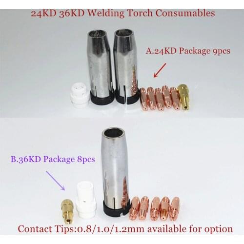 36KD Welding Torch Consumables 8pcs 0.8mm 1.0mm 1.2mm MIG Torch Gas Nozzle Tip Holder Gas Diffuser for MIG MAG Welding Machine
