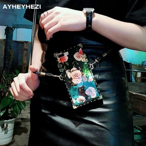 Luxury Rose Flower Cell Phone Case Crossbody with Long strap chain necklace For iphone 11 PRO XS MAX XR X 6 6s 7 8 Plus Cover