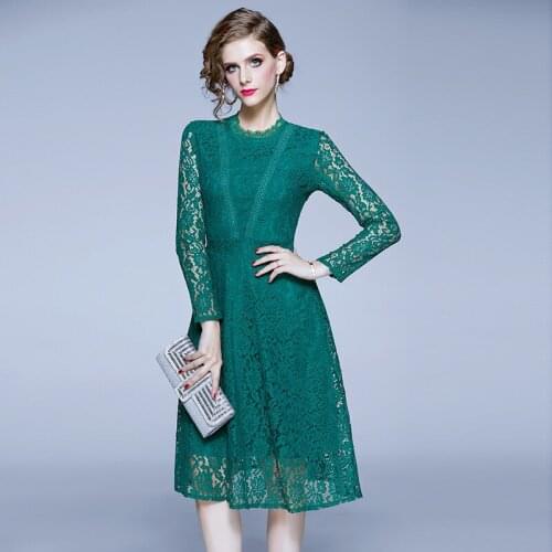 JSXDHK New Women Green Lace Dress High Quality Autumn Long Sleeve Hollow Out Ball Gown Dress Fashion Female Party Knee Vestidos