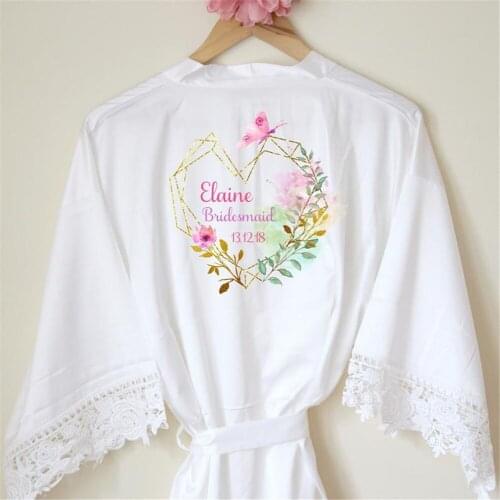 Custom Logo Wedding Date Name Faux Silk Kimono Robe Women Bride Bridesmaid lace dressing gown Bachelorette mother of groom gift