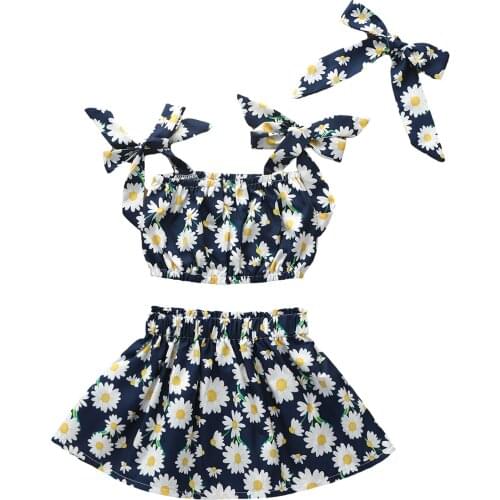 2021-02-25 Lioraitiin 3 Pcs Set 0-5Years Toddler Baby Girl Outfits Daisy Print Boat Neck Bowknot Crop Top Button Skirt Headband