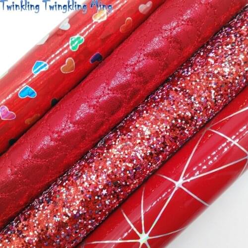 Red Glitter leather, Hearts Printed Patent Synthetic Leather Faux Fabric Sheet For Bow 21x29CM Twinkling Ming KM369
