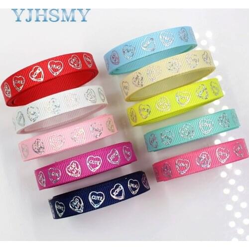 YJHSMY G-18609-369,10 mm 5 Yards laser Silver Heart-shaped love Printed grosgrain ribbon DIY headdress wedding gift wrap