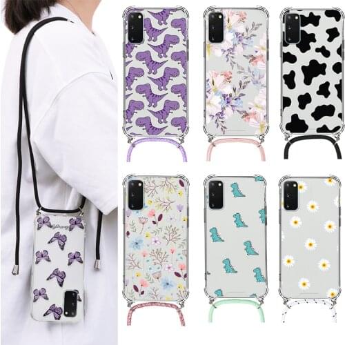 Cute Dinosaur Case For Samsung Galaxy S20 Case Strap Cord Chain Necklace Lanyard Funda For Samsung S11E Protective TPU Cove Capa
