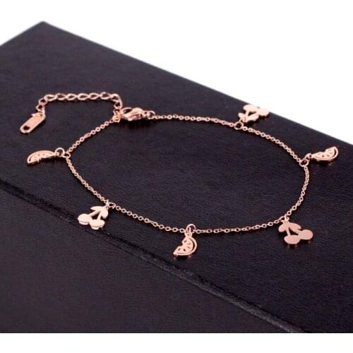 Fashion Stainless Steel Love tropical Fruit Charm Anklets cherry Chain Anklet Bracelet Rose Gold Color Woman Beach Party Gift