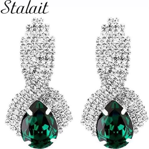 Fashion 2019 Cross Rhinestones Green Crystal Water Drop Earrings For Women Girl Big Party Anniversary Dress Accessories