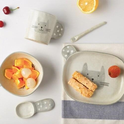 Cartoon Dinner Plate Set Ceramic Kitchen Plate Breakfast Tableware Set Dishes Spoon Desert Rice Nut Salad Noodles Cup Bowl Soup