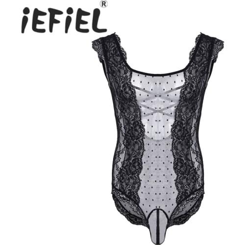 IEFiEL Mens Crossdress Lingerie Sissy Floral Lace Polka Dots Bodysuit Jumpsuit Nightwear Sleepwear See Through Mesh Underwear