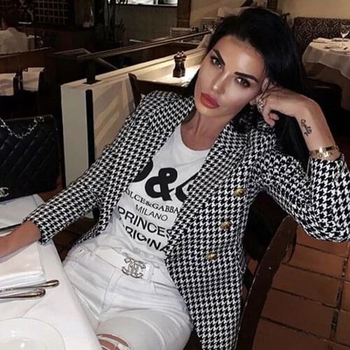 New Arrival Fall Wpmen Blazer Plaid Notched Double Breasted Solid Color Slim Winter Coat Office Lady Casual Jacket Freeshipping