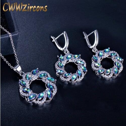 CWWZircons Beautiful Mystical Light Blue Rainbow Crystal Big Drop Pendant Necklace And Earrings Jewelry Set For Women T224