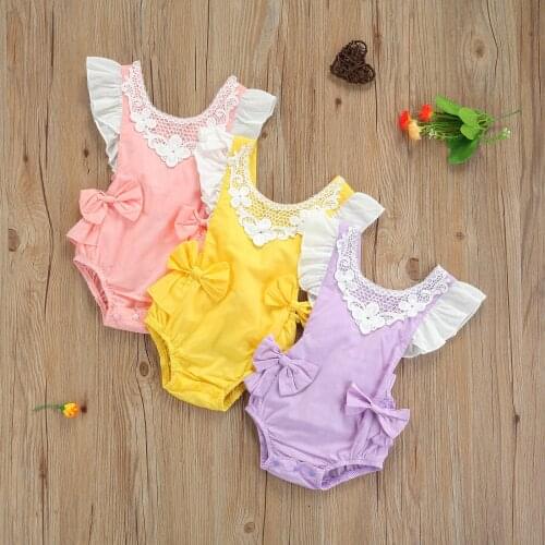 Toddler Baby Girls Romper Summer Lovely Kids Lace Trim Bowknot Sleeveless Bandage Fly Sleeve Bodysuit Children Infant Playsuits