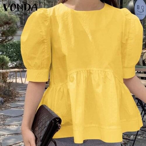 Casual Tops VONDA 2021 Women Solid Color Shirts Overisized Loose Blouse Bohemian Blusas Femininas OL Office Shirts
