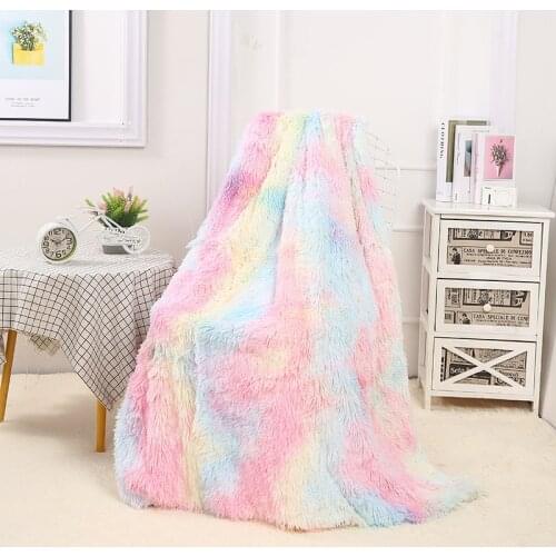 Rainbow Plush Super Soft Blanket Colorful Bedding Sofa Cover Furry Fuzzy Fur Warm Throw Cozy Couch Blanket for Winter