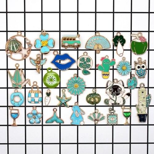 Random Mixed Blue Color Enamel Charms Fruit Animal Flower Plant Star Pendant for Bracelet Earrings Jewelry DIY Accessory XL850