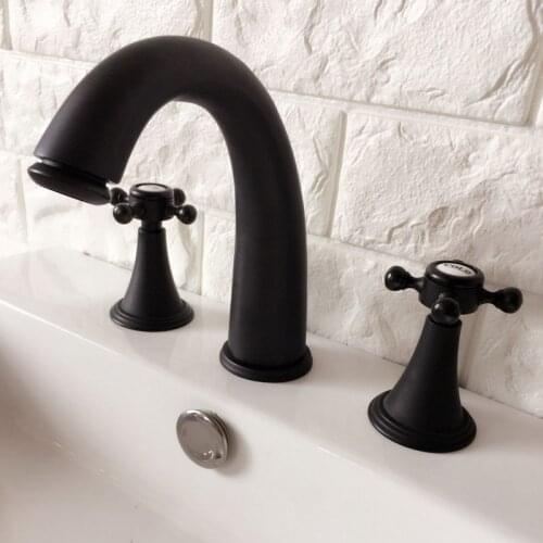 Black Oil Rubbed Bronze Double Handles 3 Holes Install Widespread Deck Mounted Bathroom Sink Basin Faucet Sink Mixer Tap mhg056