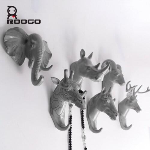 Roogo Hanger Key Holder Wall Deer Head Room Decoration Wall Hook Gray Annimal Wall Coat Rack Resin Home Decoration Accessories