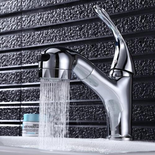 Pull Out Sprayer Bathroom Basin Sink Faucet Zinc Alloy Hot and Cold Water Mixer Tap Crane Vessel Tap Deck Mounted Single Lever