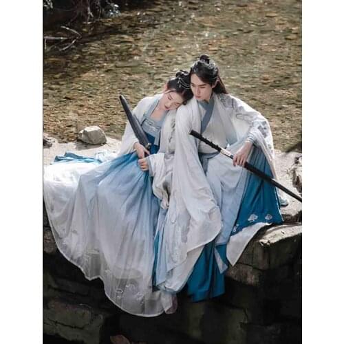 Embroidery Hanfu Men&Women Chinese Traditional Gradient Blue Hanfu Couples Cosplay Costume Hanfu For Women&Men Plus Size XL