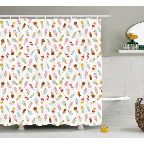 Ice Cream Shower Curtain Cartoon Doodle Style Creamy Delicious Diary Desserts with Various Sweet Flavors Bathroom Curtains