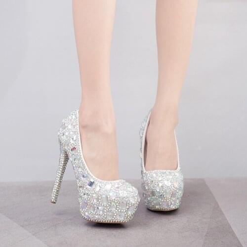 Crystal Women Platform High Heels Wedding Shoes Bride Fashion Rhinestone Ladies Diamond Dress Pumps