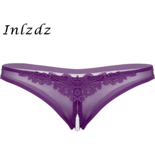 Womens Lingerie Sexy Mesh Underwear See Through Crotchless Panties with Artificial Pearls Cheeky Sheer Low Rise G-string Briefs