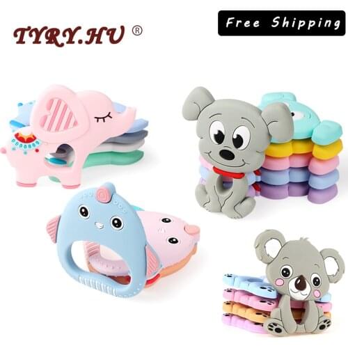 20New 5pc Cartoon Baby Teether Rodents Koala Turtle Raccoon Food Grade Silicone Teething Toy Necklace DIY Pacifier Chain Tools