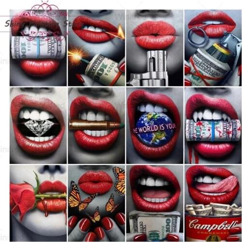 5D Diamond Painting Sexy Red Lip Modern Woman Picture Diamond Mosaic Embroidery Full Square Round Drill Cross Stitch Cool Decor