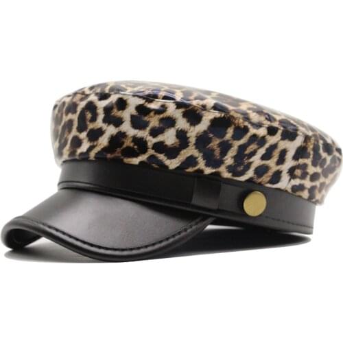 Beret Leopard Hat Womens Autumn/Winter Ladies Hat Ladies Leather Beret Boina Feminina Gorras Bone Vintage England Black