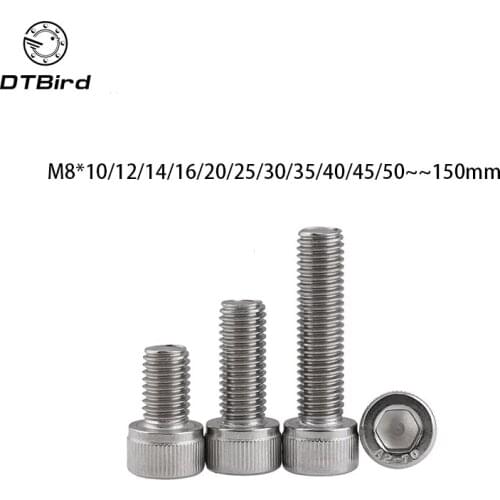 DIN912 M8 Metric Thread 304 Stainless Steel Hex Socket Head Cap Screw Bolts M8*(10/12/14/16/20/25/30/35/40/45/50/55/60~150) mm