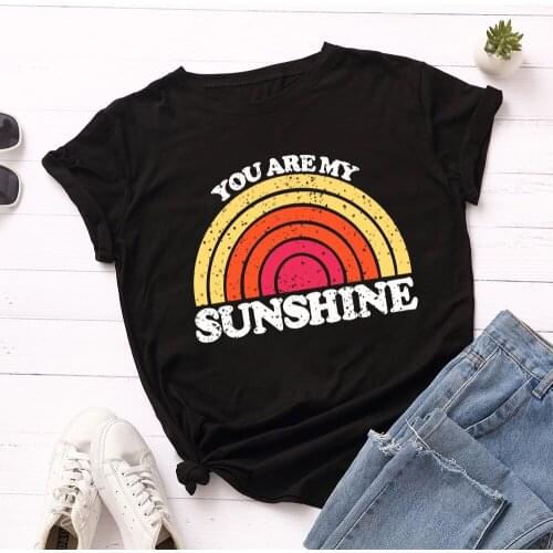 Women T-shirt You Are My Sunshine Rainbow Print TShirts Summer Short Sleeve Letter Tees Oversized Harajuku Graphic Lady Tops