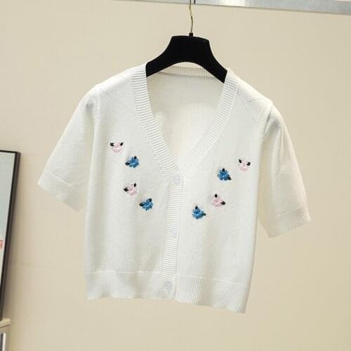 Knitting Embroidery T Shirt Women Summer Thin V Neck Slim Korean Fashion Knit Woman Tops White Short Tshirts Tee Shirt Female